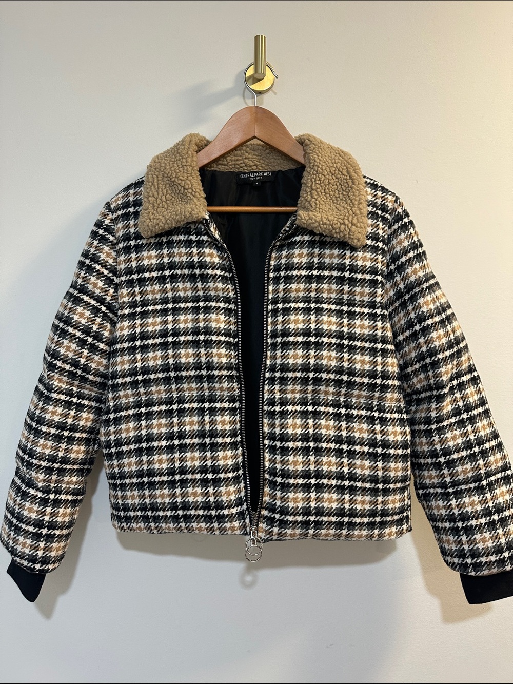 Central Park West Classic Houndstooth Sherpa Collar Jacket - Black & Tan
